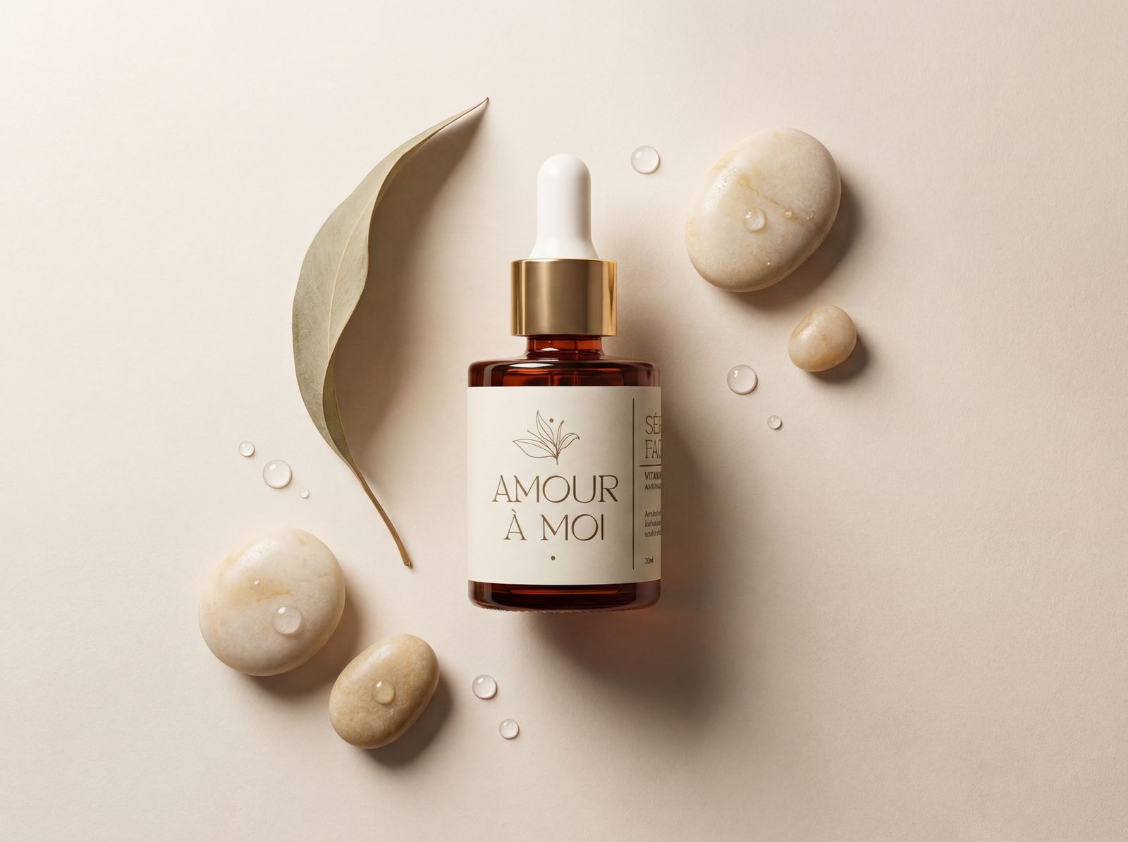Flat lay Sérum Amour à Moi com pedras e folhas botânicas